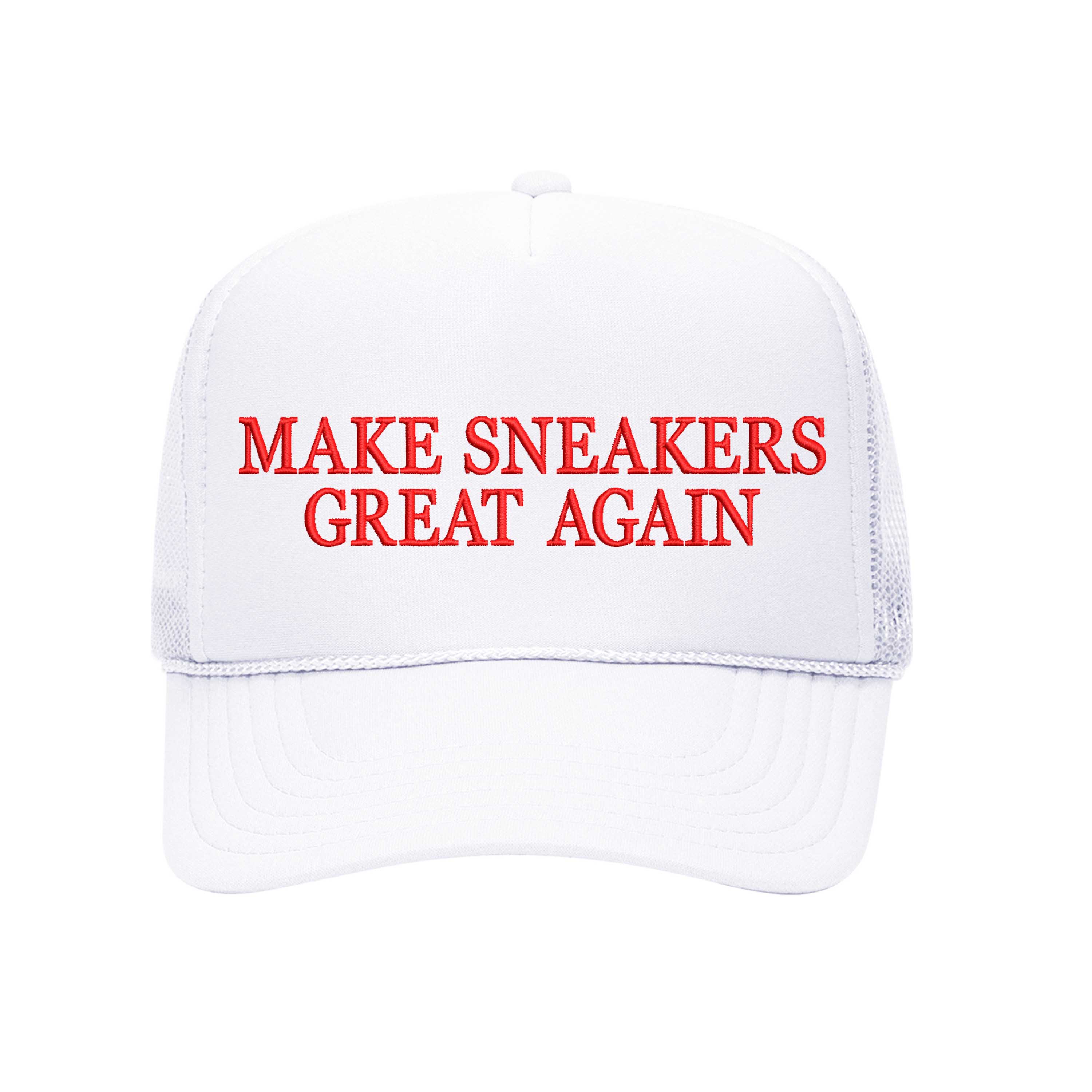 White trucker hat embroidered with the phrase make sneakers great again-DSY Lifestyle