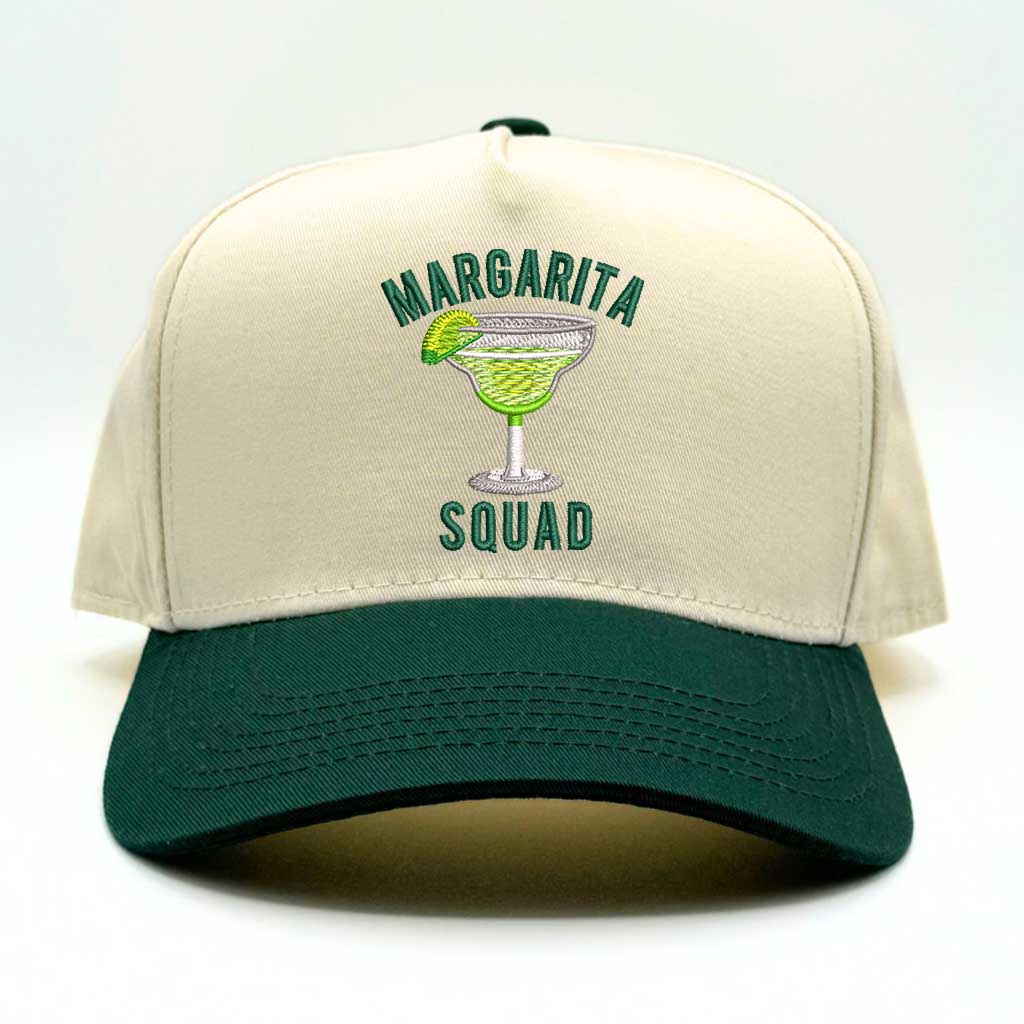 Natural baseball hat with forest green colored bill and margarita squad embroidered in forest gren embroidery-DSY Lifestyle