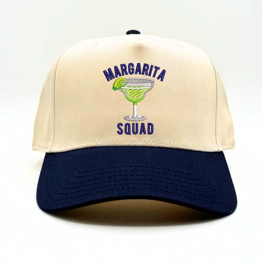 Natural baseball hat with navy colored bill and margarita squad embroidered in navy embroidery-DSY Lifestyle