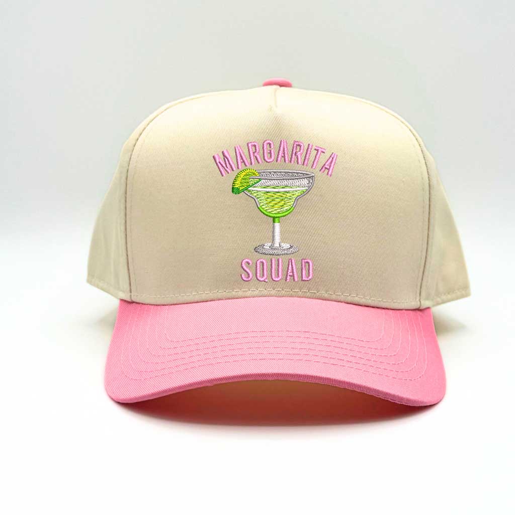 Natural baseball hat with light pink colored bill and margarita squad embroidered in light pink embroidery-DSY Lifestyle