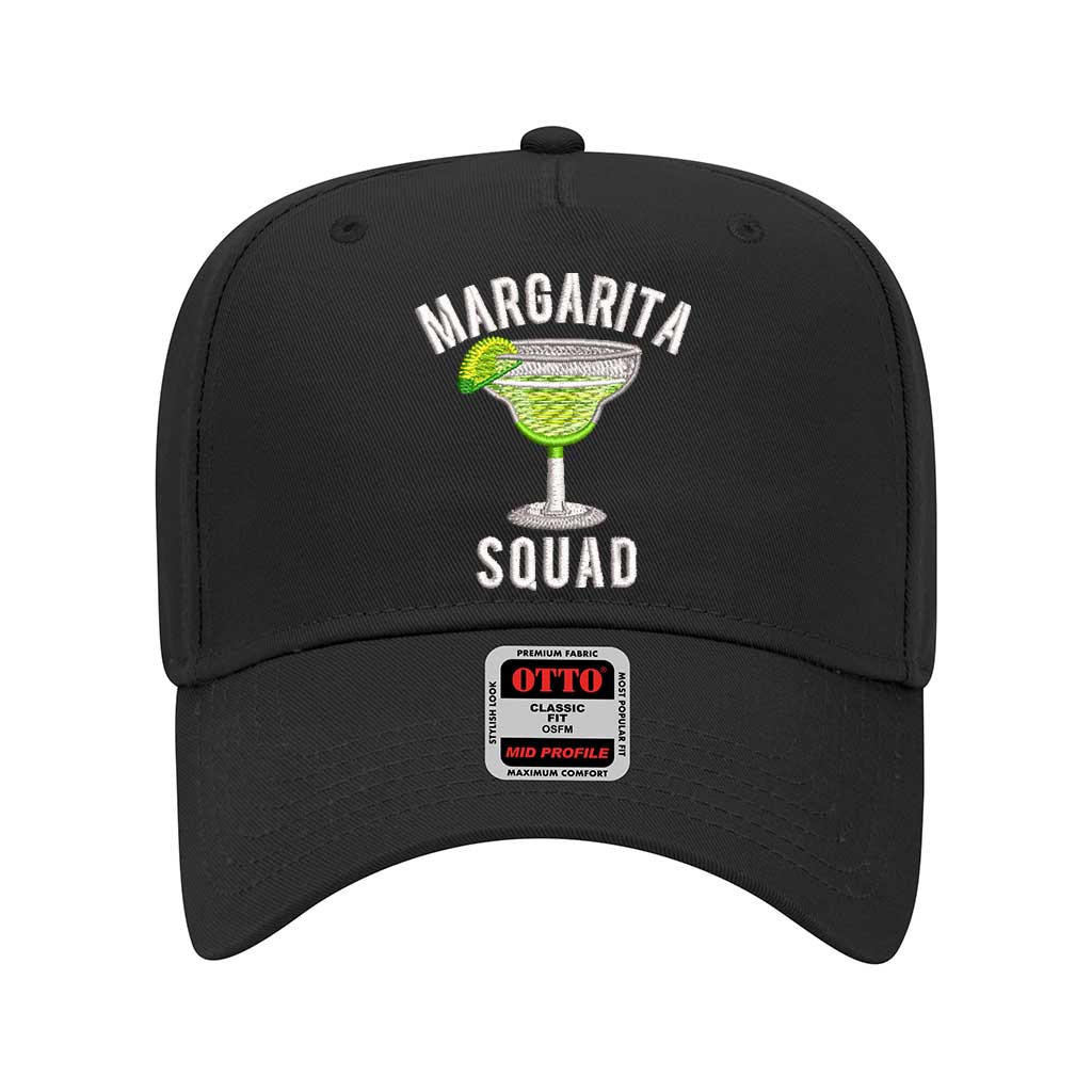 Black solid 5 panel baseball hat embroidered with the phrase margarita squad-DSY Lifestyle