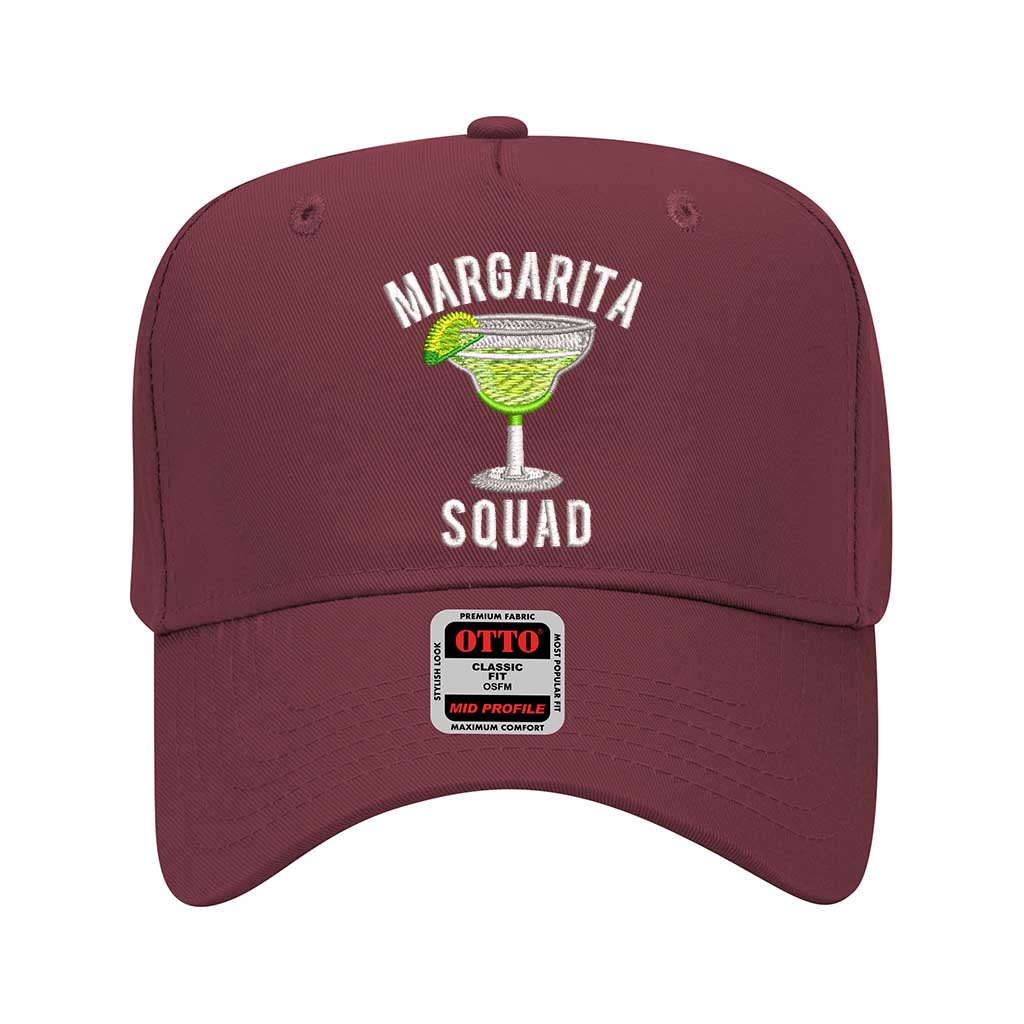 Burgundy solid 5 panel baseball hat embroidered with the phrase margarita squad-DSY Lifestyle