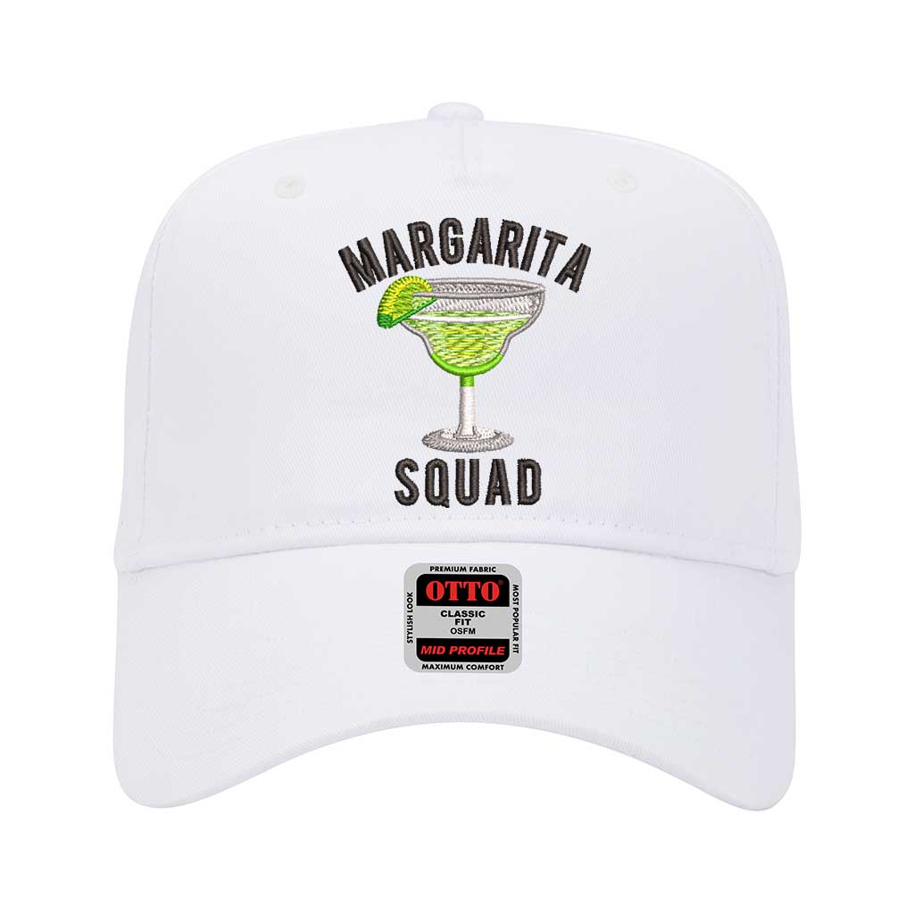 White solid 5 panel baseball hat embroidered with the phrase margarita squad-DSY Lifestyle
