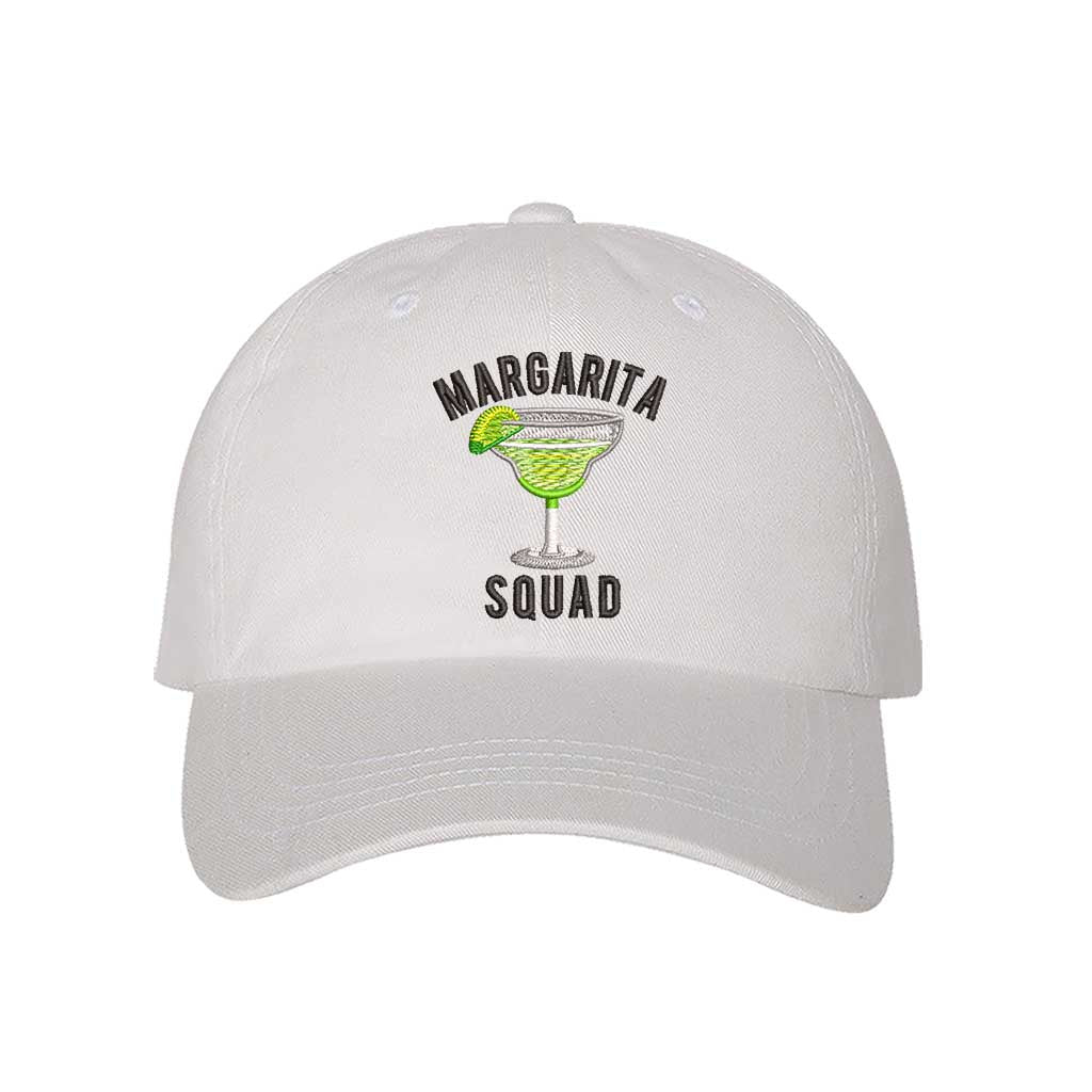 White baseball hat embroidered with the phrase margarita squad-DSY Lifestyle