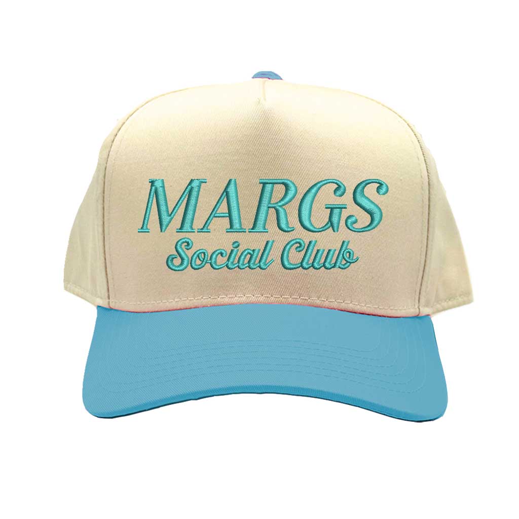 Natural Aqua Two-tone embroidered trucker baseball hat with “Margs Social Club” stitched on front, adjustable snapback closure – DSY Lifestyle