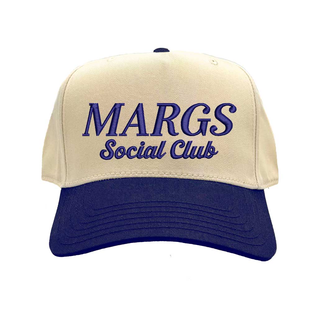 Natural Navy Blue Two-tone embroidered trucker baseball hat with “Margs Social Club” stitched on front, adjustable snapback closure – DSY Lifestyle