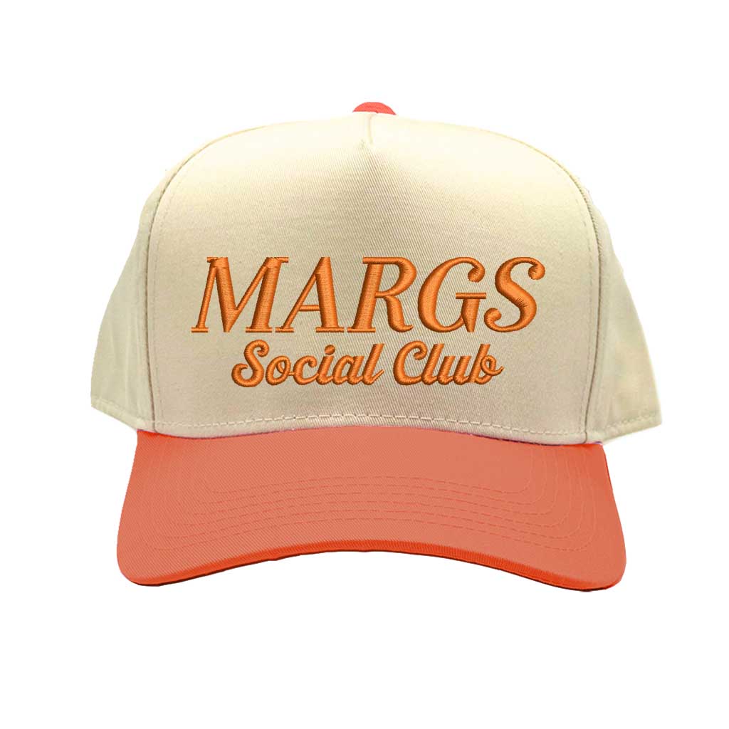 Natural Orange Two-tone embroidered trucker baseball hat with “Margs Social Club” stitched on front, adjustable snapback closure – DSY Lifestyle