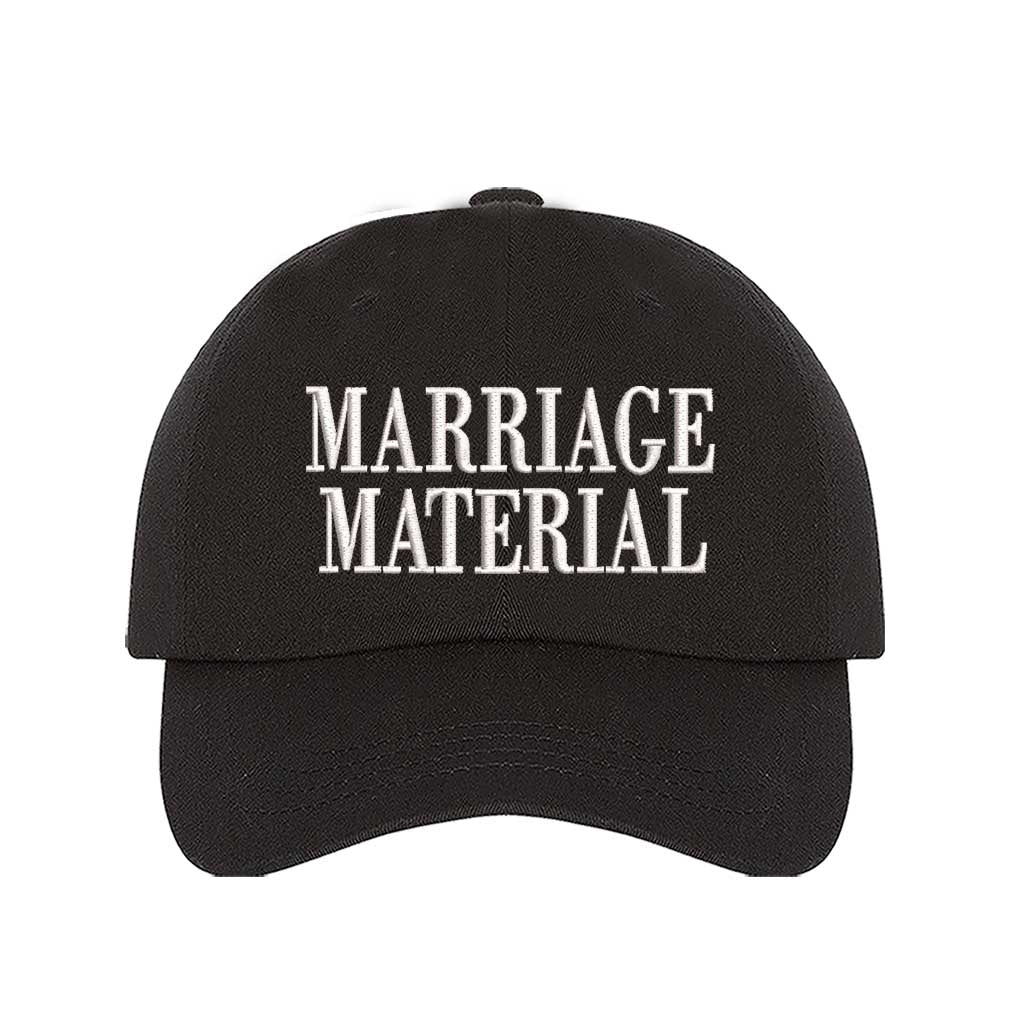 Black Marriage Material Embroidered Baseball Hat in soft cotton with pre-curved brim and adjustable hook and loop closure. DSY Lifestyle.