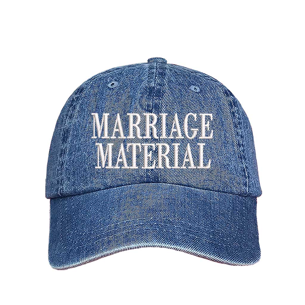 Light Denim Marriage Material Embroidered Baseball Hat in soft cotton with pre-curved brim and adjustable hook and loop closure. DSY Lifestyle.