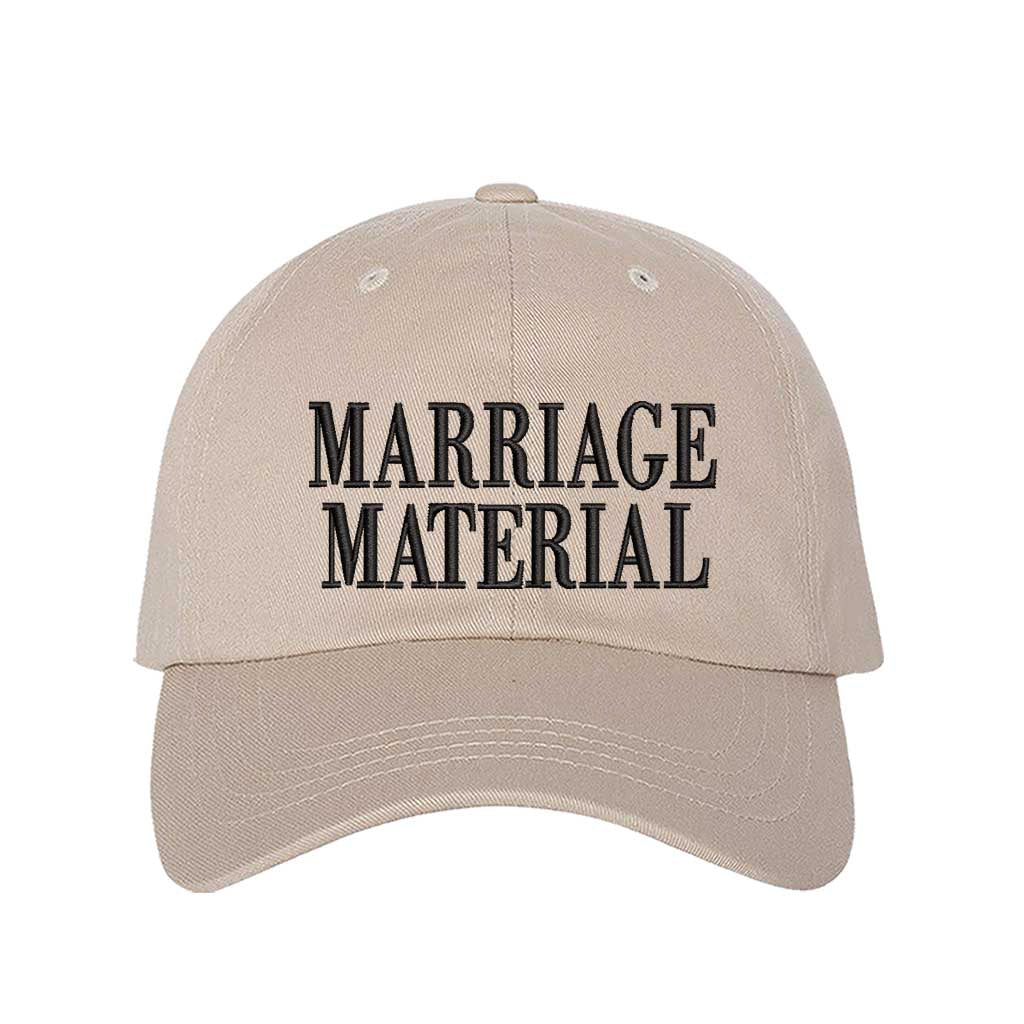 Stone Marriage Material Embroidered Baseball Hat in soft cotton with pre-curved brim and adjustable hook and loop closure. DSY Lifestyle.