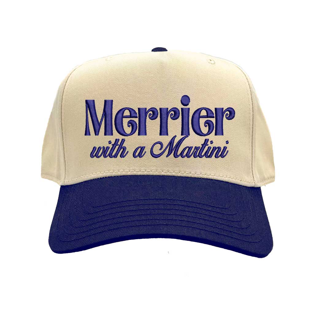 Natural Navy Blue Merrier With A Martini Two Tone 5-Panel Embroidered Baseball Hat featuring playful martini embroidery and adjustable snapback closure – DSY Lifestyle