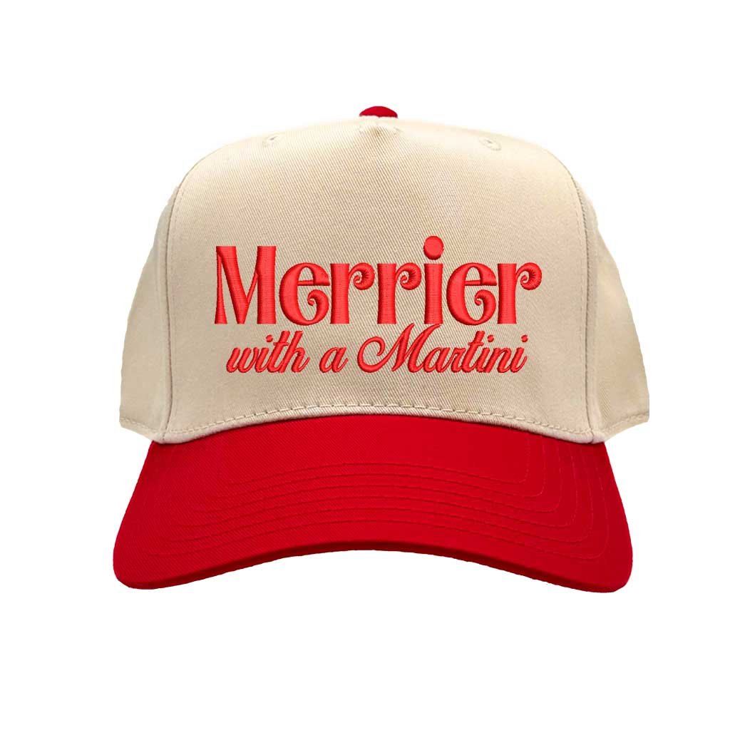 Natural Red Merrier With A Martini Two Tone 5-Panel Embroidered Baseball Hat featuring playful martini embroidery and adjustable snapback closure – DSY Lifestyle