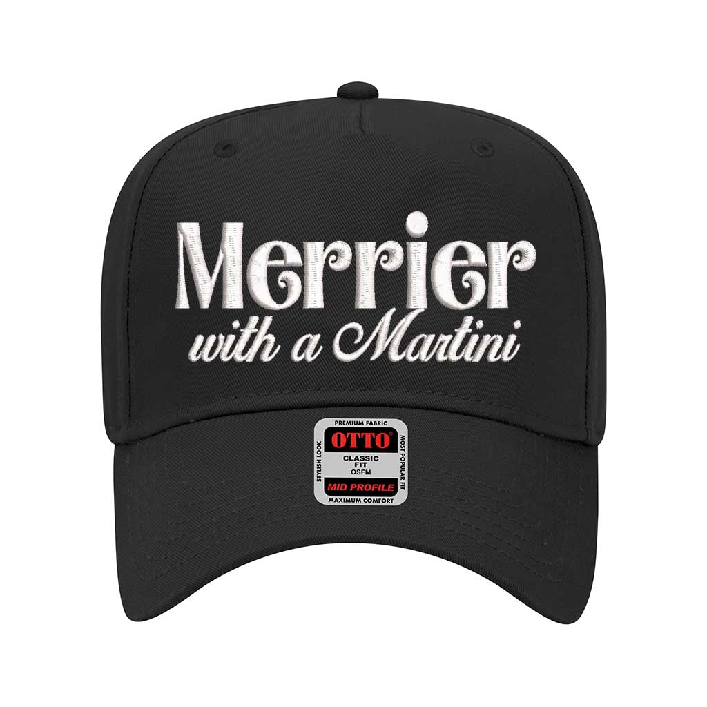Merrier With A Martini Solid Black 5-Panel Embroidered Baseball Hat featuring playful martini embroidery and adjustable snapback closure – DSY Lifestyle