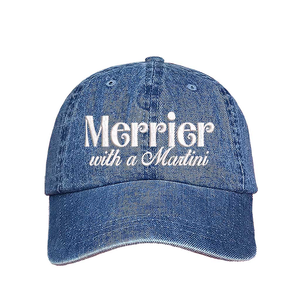 Light Denim Merrier With A Martini Christmas Embroidered Baseball Hat featuring festive text design, adjustable hook and loop closure, and breathable cotton material – DSY Lifestyle