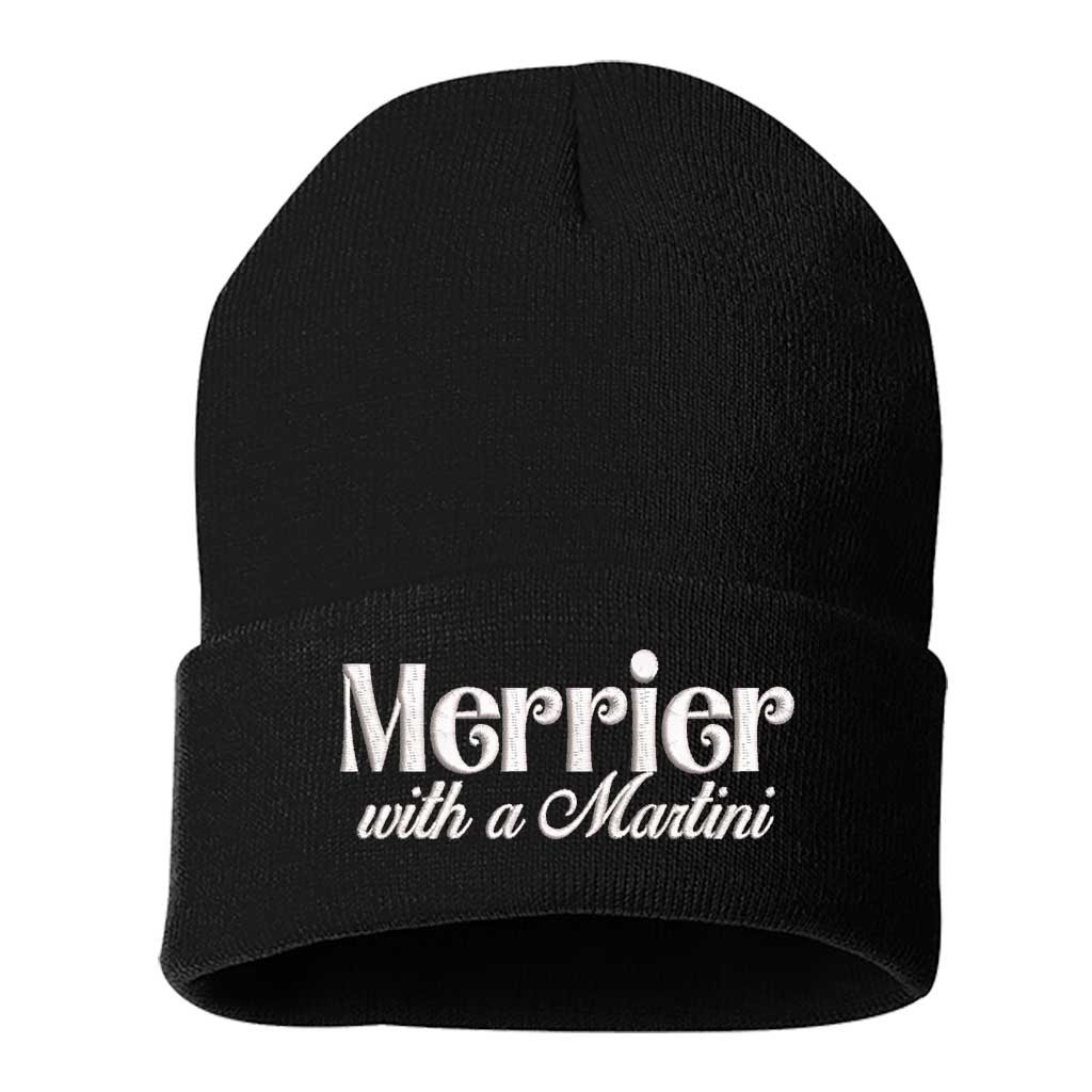 Black Merrier With A Martini Christmas Embroidered Beanie Cap featuring playful holiday martini embroidery on a cozy winter knit hat – DSY Lifestyle