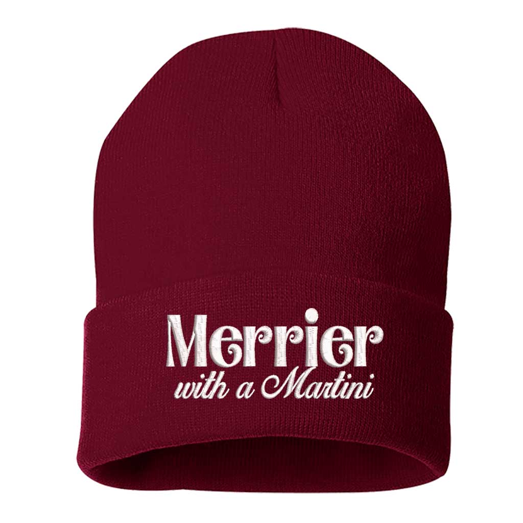 Burgundy Merrier With A Martini Christmas Embroidered Beanie Cap featuring playful holiday martini embroidery on a cozy winter knit hat – DSY Lifestyle