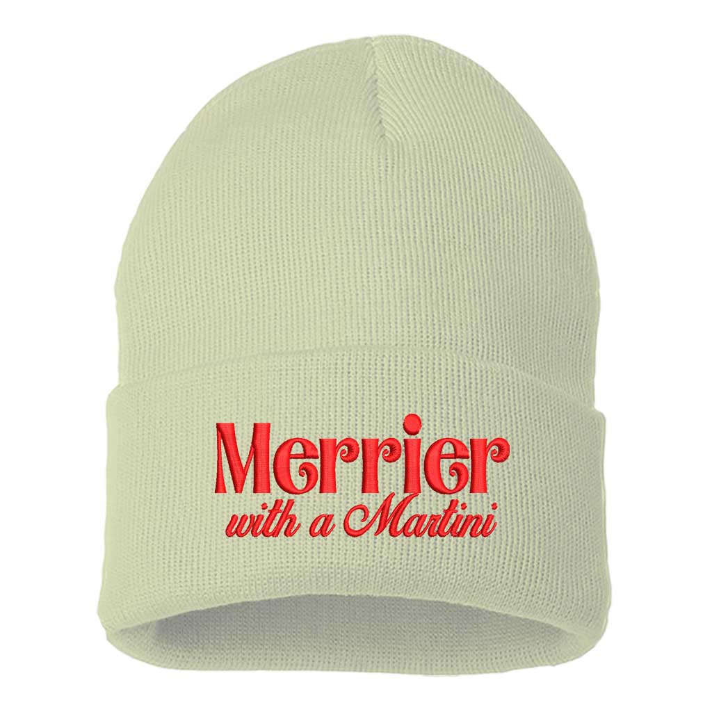 Cream with red thread Merrier With A Martini Christmas Embroidered Beanie Cap featuring playful holiday martini embroidery on a cozy winter knit hat – DSY Lifestyle