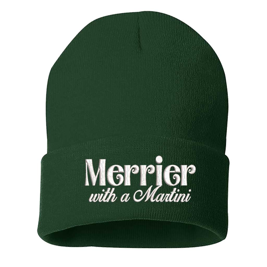 Forest Green Merrier With A Martini Christmas Embroidered Beanie Cap featuring playful holiday martini embroidery on a cozy winter knit hat – DSY Lifestyle