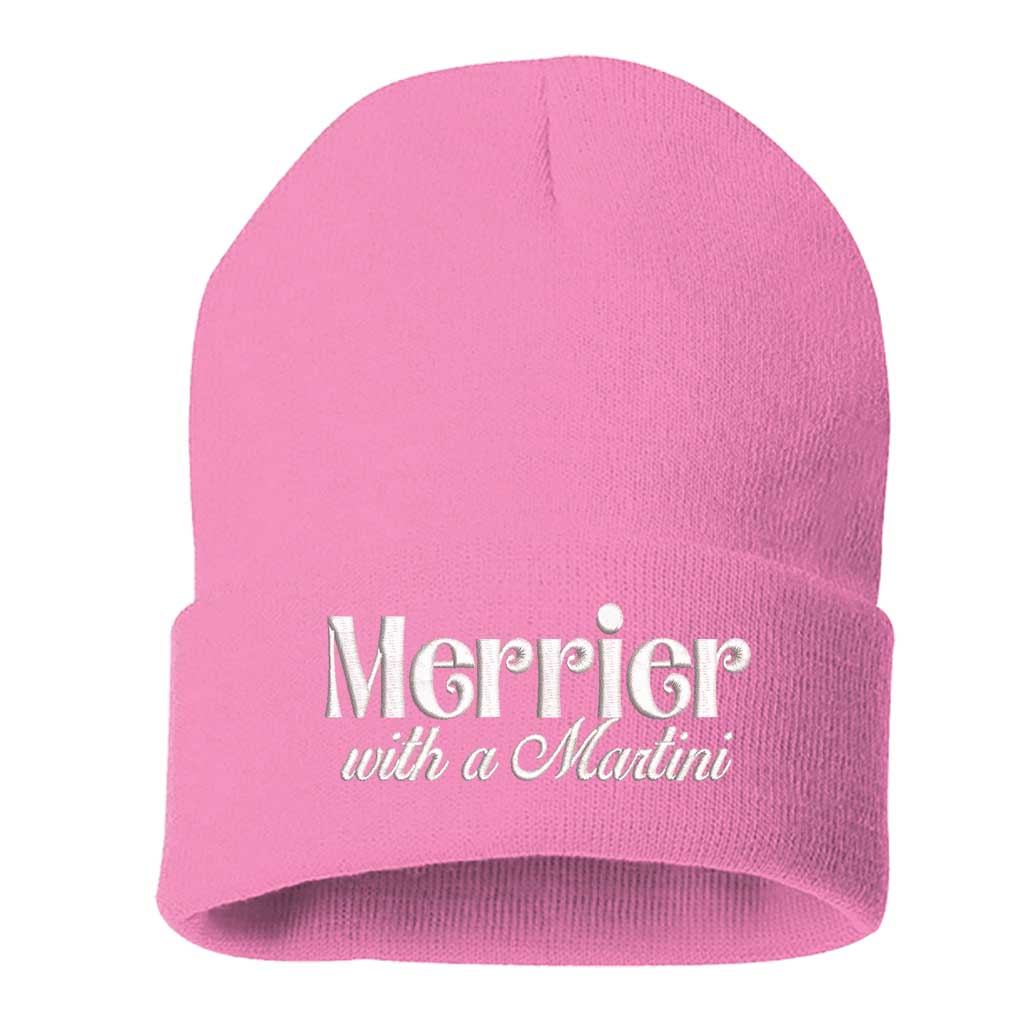 Light Pink Merrier With A Martini Christmas Embroidered Beanie Cap featuring playful holiday martini embroidery on a cozy winter knit hat – DSY Lifestyle