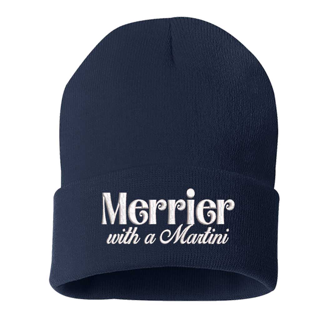 Navy Blue Merrier With A Martini Christmas Embroidered Beanie Cap featuring playful holiday martini embroidery on a cozy winter knit hat – DSY Lifestyle