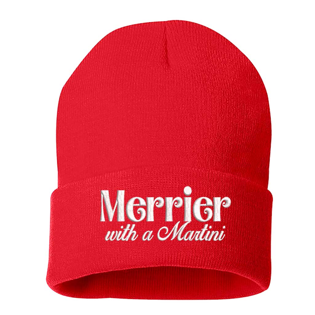 Red Merrier With A Martini Christmas Embroidered Beanie Cap featuring playful holiday martini embroidery on a cozy winter knit hat – DSY Lifestyle
