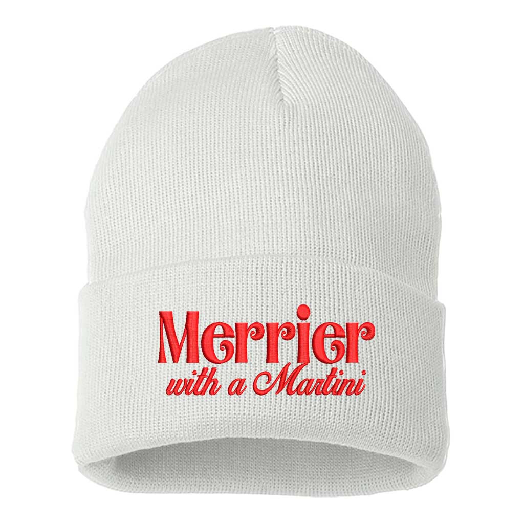 White with red thread Merrier With A Martini Christmas Embroidered Beanie Cap featuring playful holiday martini embroidery on a cozy winter knit hat – DSY Lifestyle