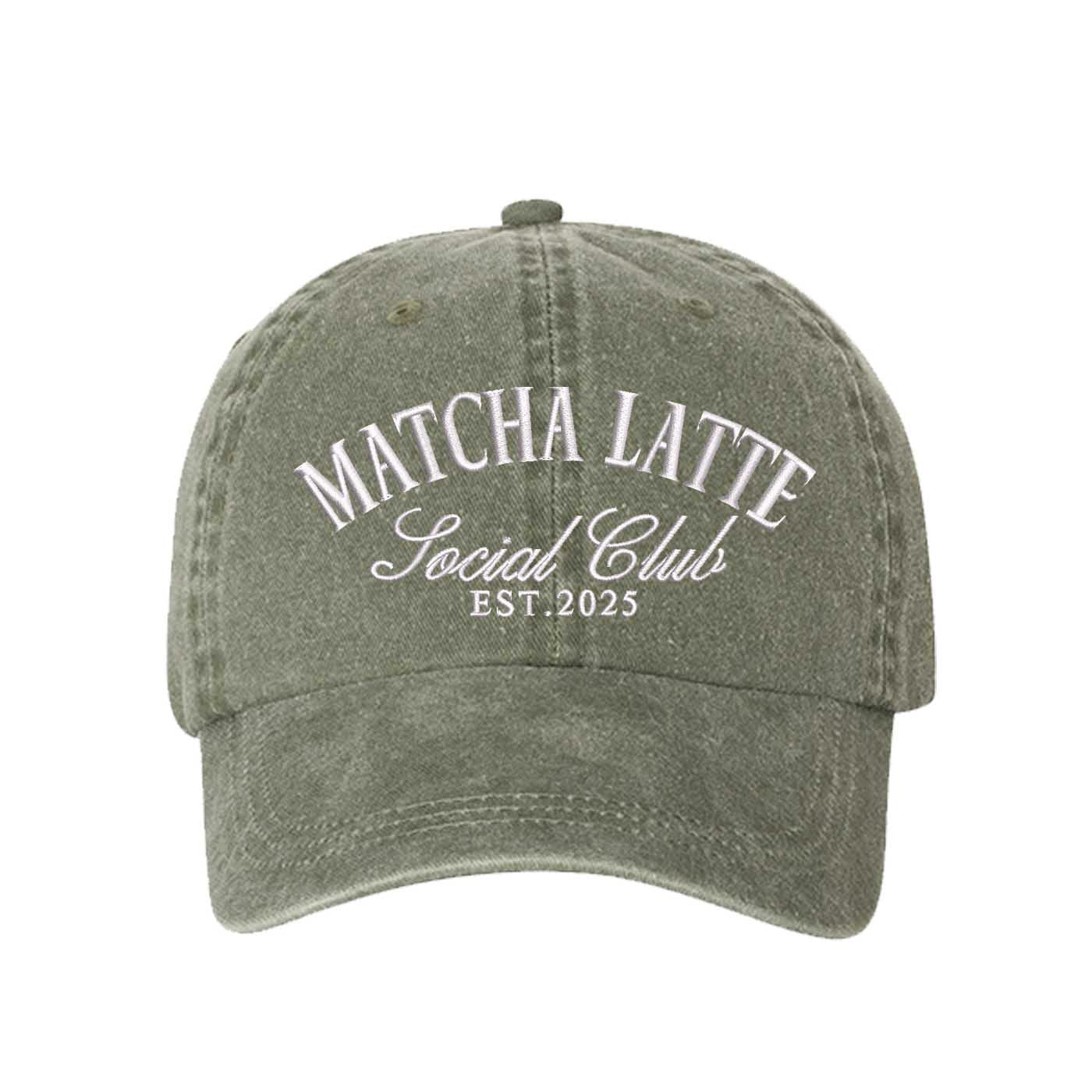Olive Matcha Latte Social Club Est. 2025 washed cotton baseball hat with premium green embroidery by DSY Lifestyle. - DSY Lifestyle