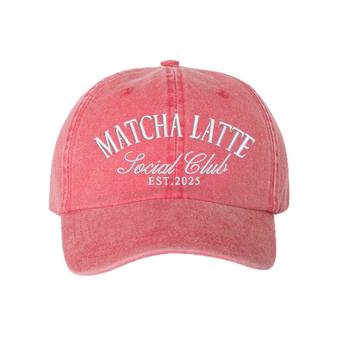 Red Matcha Latte Social Club Est. 2025 washed cotton baseball hat with premium green embroidery by DSY Lifestyle. - DSY Lifestyle