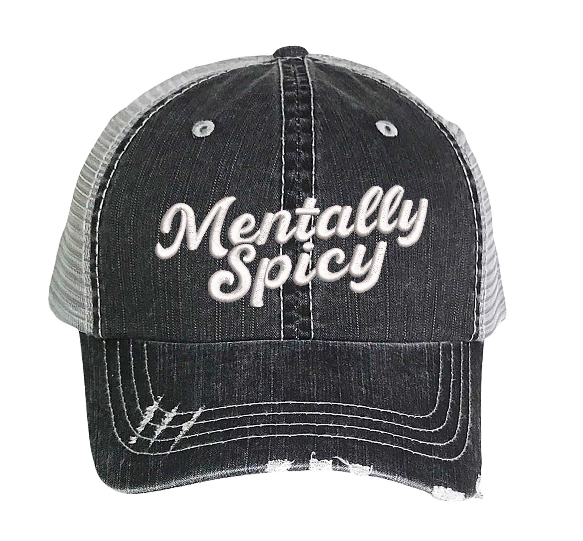 Black Mentally Spicy embroidered distressed trucker hat for women. Bold statement hat for casual outfits, street style, and everyday wear. - DSY Lifestyle