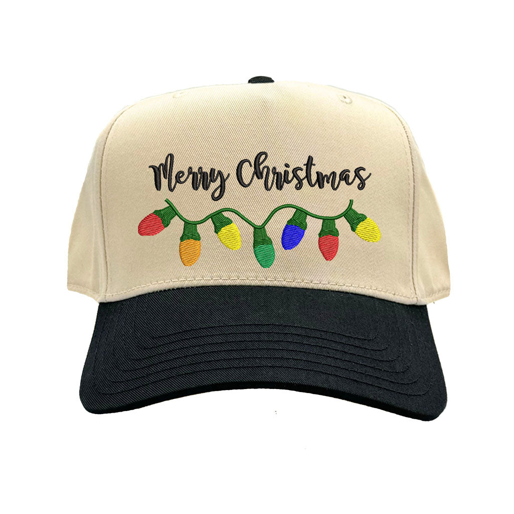 Natural Black Merry Christmas Lights Two Tone 5-Panel Embroidered Baseball Hat featuring colorful Christmas light embroidery and snapback closure – DSY Lifestyle