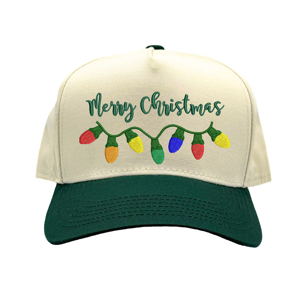 Natural Forest Green Merry Christmas Lights Two Tone 5-Panel Embroidered Baseball Hat featuring colorful Christmas light embroidery and snapback closure – DSY Lifestyle