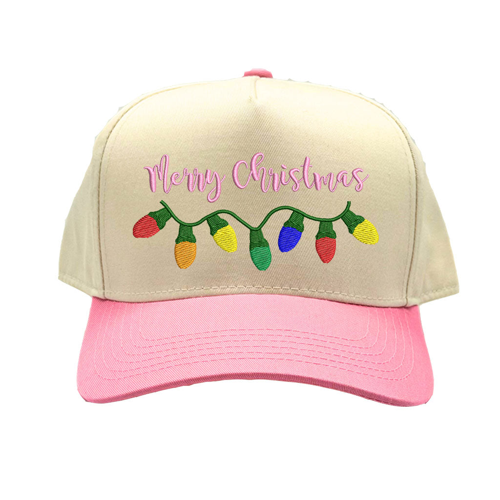 Natural Light Pink Merry Christmas Lights Two Tone 5-Panel Embroidered Baseball Hat featuring colorful Christmas light embroidery and snapback closure – DSY Lifestyle
