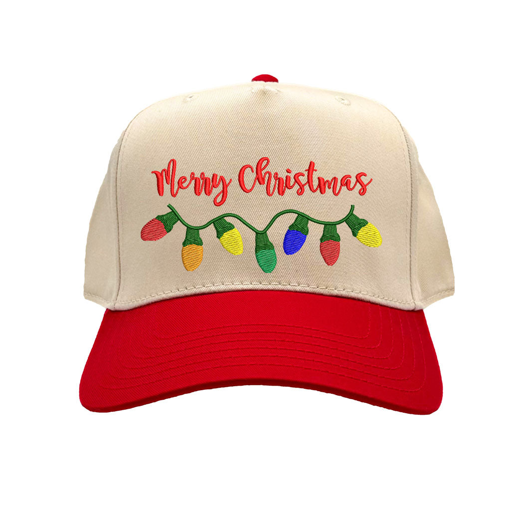 Natural Red Merry Christmas Lights Two Tone 5-Panel Embroidered Baseball Hat featuring colorful Christmas light embroidery and snapback closure – DSY Lifestyle
