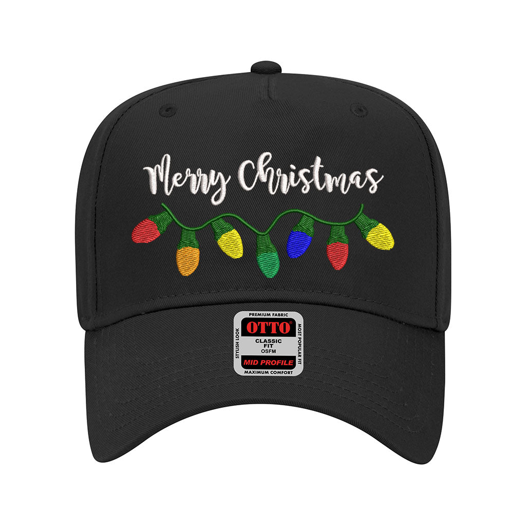 Solid Black Merry Christmas Lights 5-Panel Embroidered Baseball Hat featuring colorful Christmas light embroidery and snapback closure – DSY Lifestyle