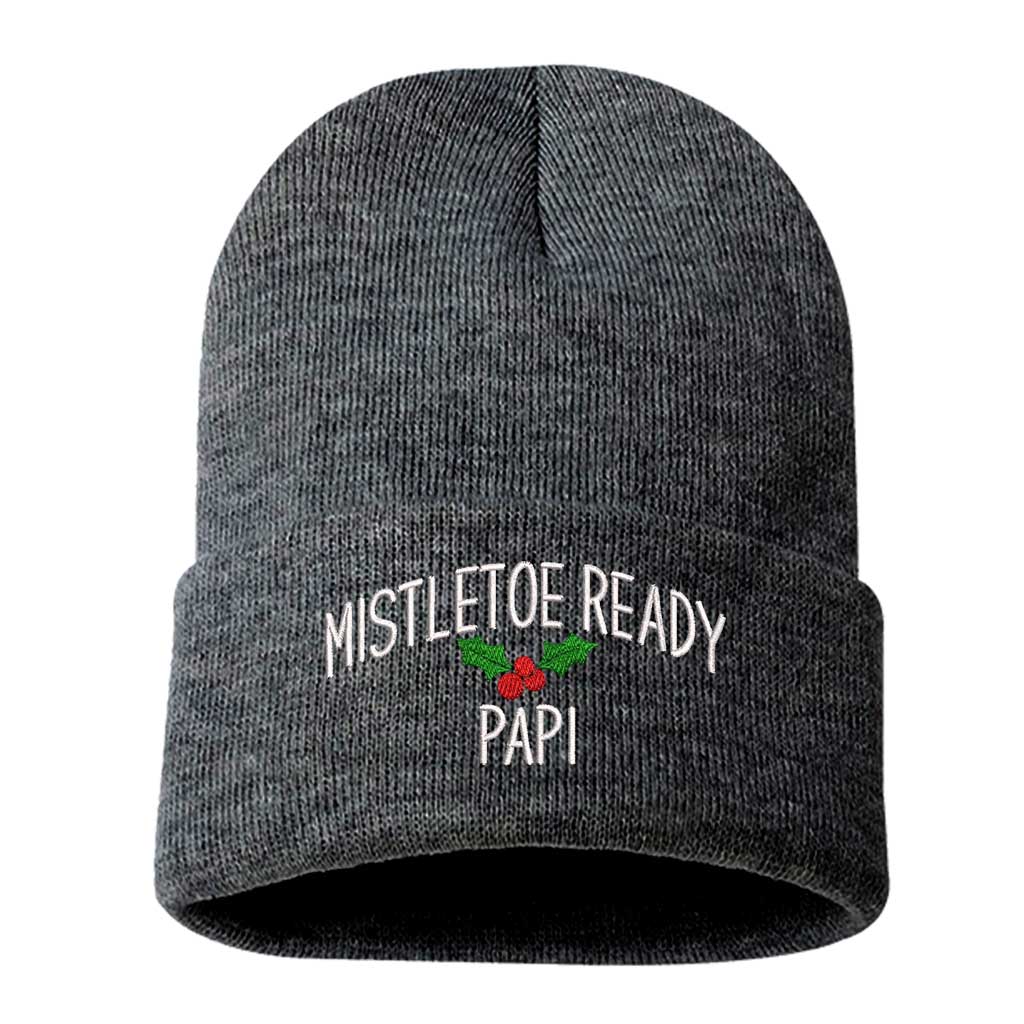 A cozy knit Gray beanie embroidered with "Mistletoe Ready, Papi," perfect for flirty Spanglish holiday vibes and festive winter outfits - DSY Lifestyle