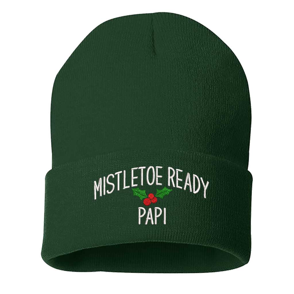 A cozy knit Green beanie embroidered with "Mistletoe Ready, Papi," perfect for flirty Spanglish holiday vibes and festive winter outfits - DSY Lifestyle