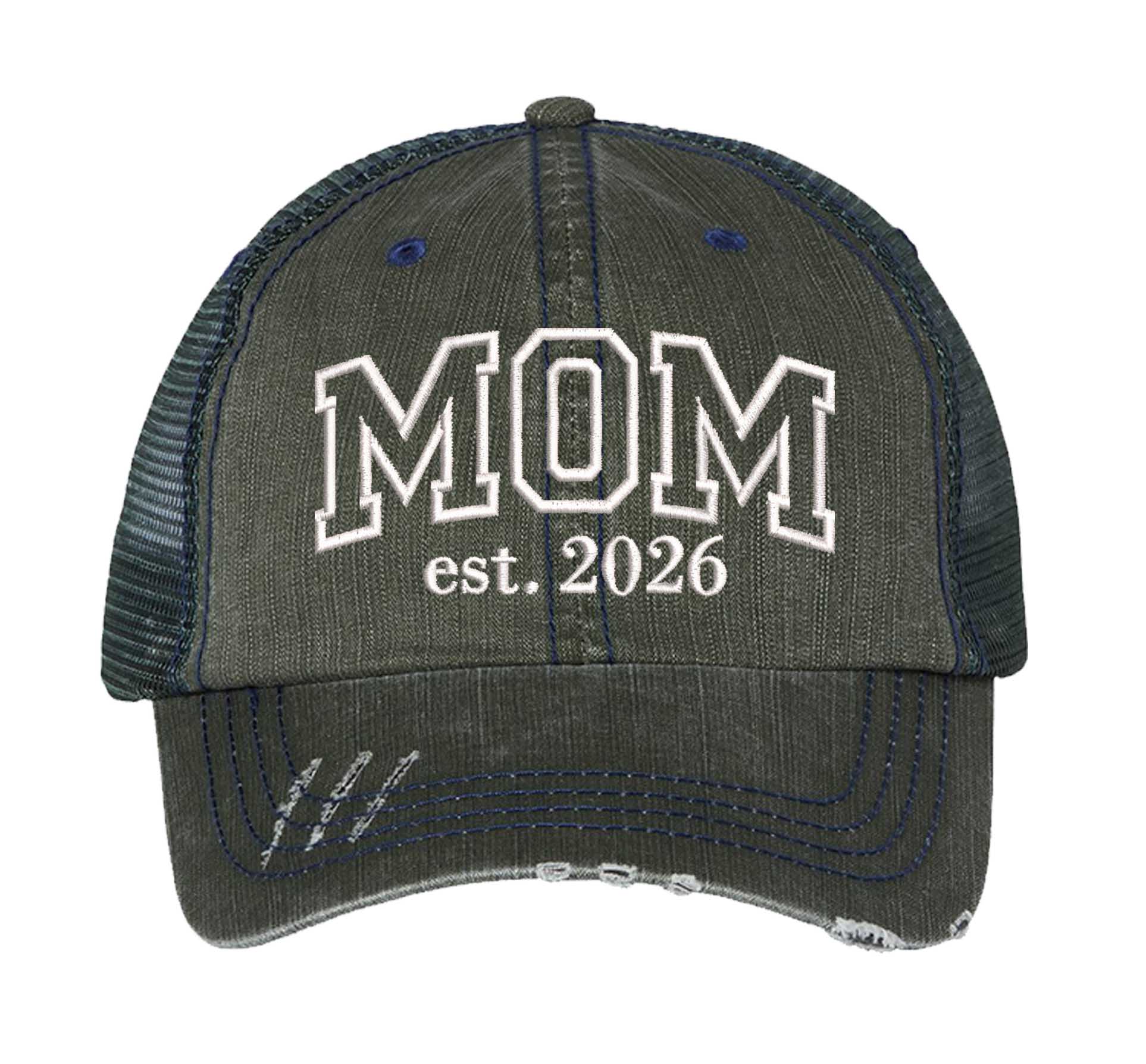 Dark Green MOM Est. 2026 Distressed Trucker Hat. This premium vintage-style cap is the perfect gift for the unapologetically bold, featuring a breathable mesh back and custom embroidery. - DSY Lifestyle