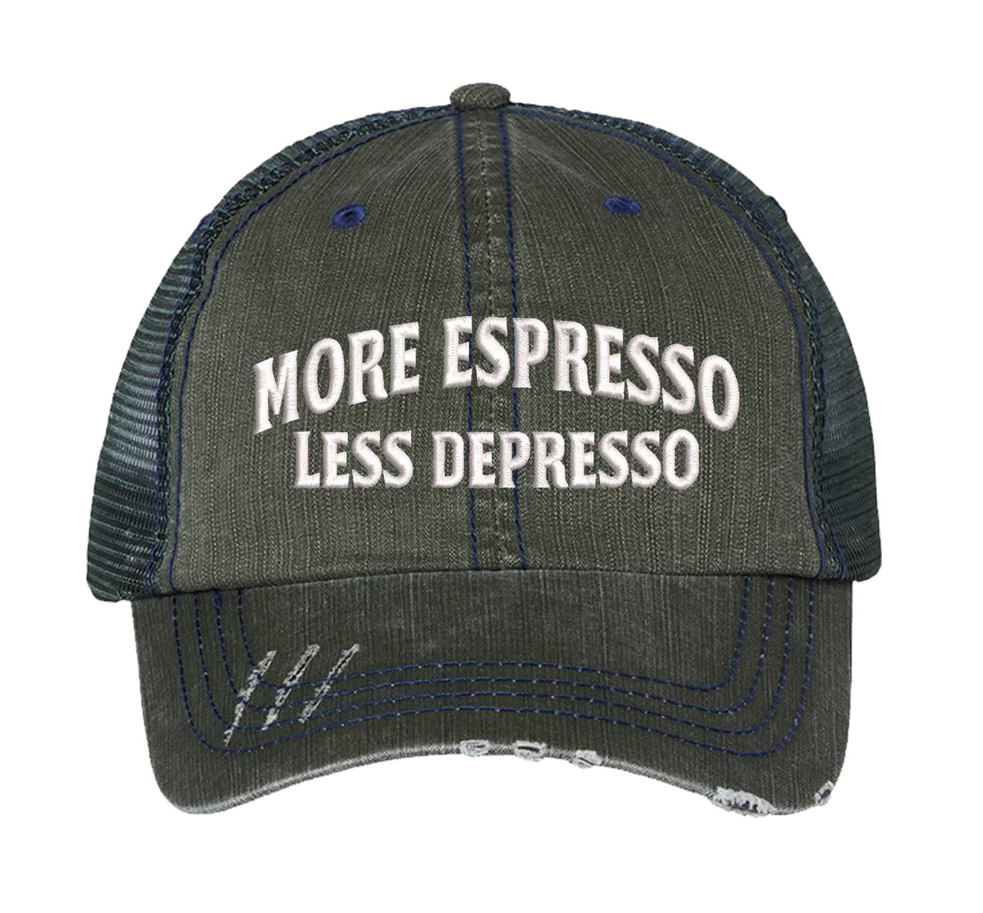 Dark Green More Espresso Less Depresso Distressed Trucker Hat. This premium vintage-style cap is the perfect gift for the unapologetically bold, featuring a breathable mesh back and custom embroidery. - DSY Lifestyle