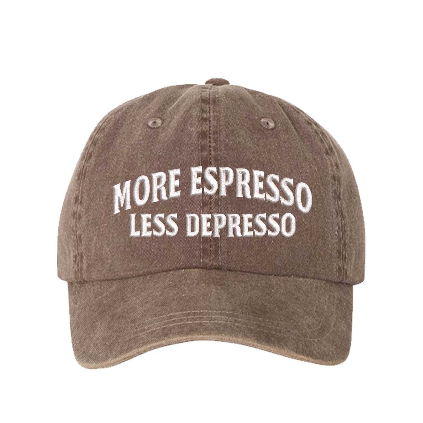 Chocolate Brown More Espresso Less Depresso Washed Statement Baseball Hat – a washed, relaxed-fit statement cap designed for everyday comfort and real-life moods. Trendy, adjustable, and effortlessly stylish. - DSY Lifestyle