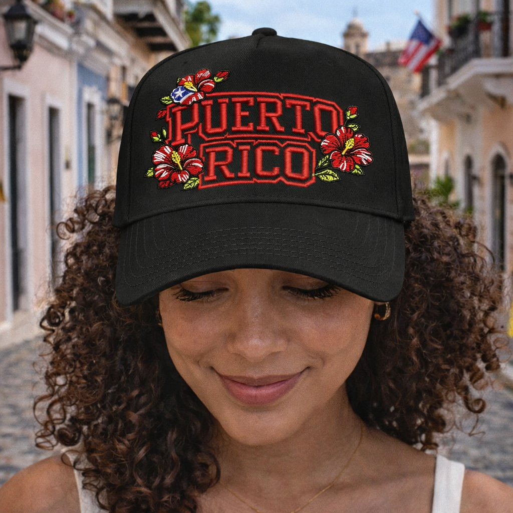 Female in the city wearing a Solid Black Puerto Rico in Bloom embroidered baseball hat. A statement hat for women who love culture, effortless outfits, and bold style. - DSY Lifestyle