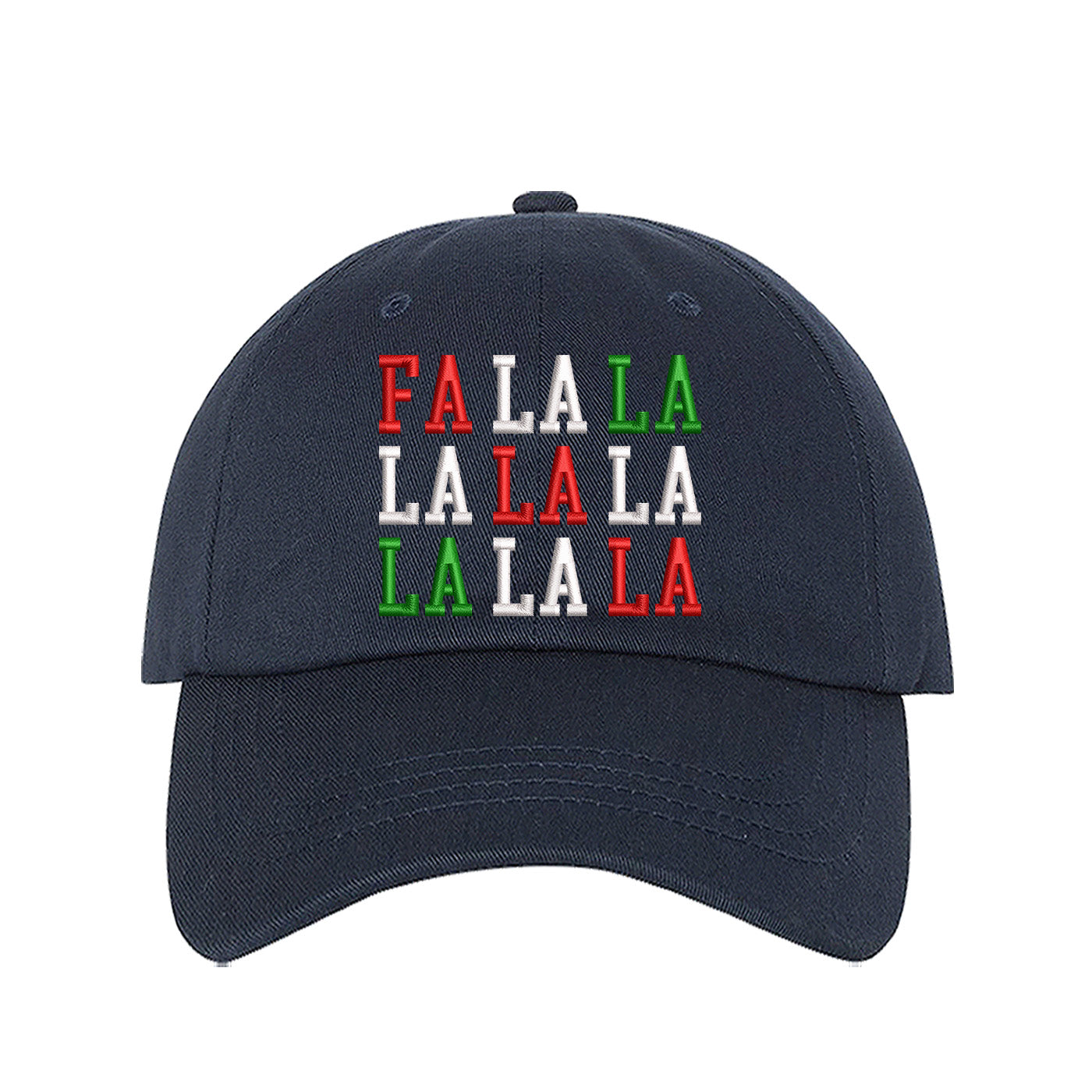 Navy Blue Fa La La Christmas Block Embroidered Baseball Hat featuring festive block embroidery, breathable cotton, and adjustable fit for a merry holiday look. – DSY Lifestyle