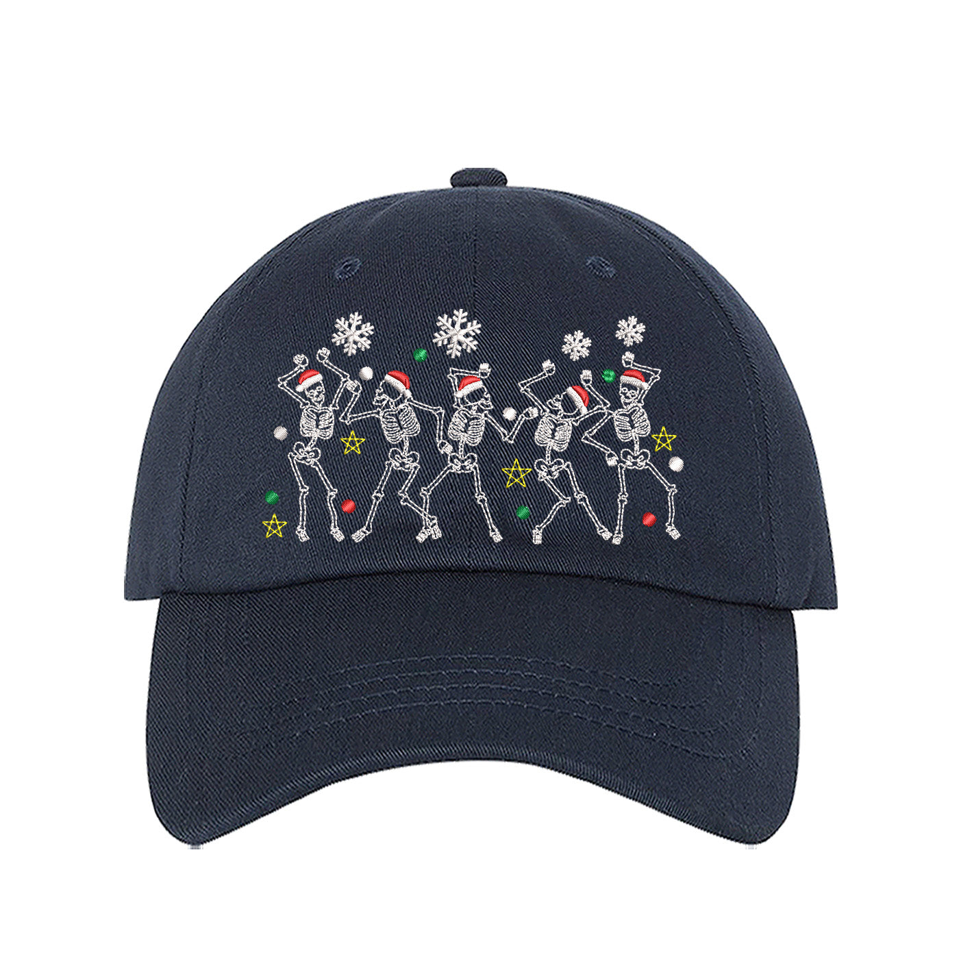 Navy Blue Dancing Skeletons Christmas Embroidered Baseball Hat featuring festive dancing skeleton embroidery and adjustable hook and loop closure – DSY Lifestyle.