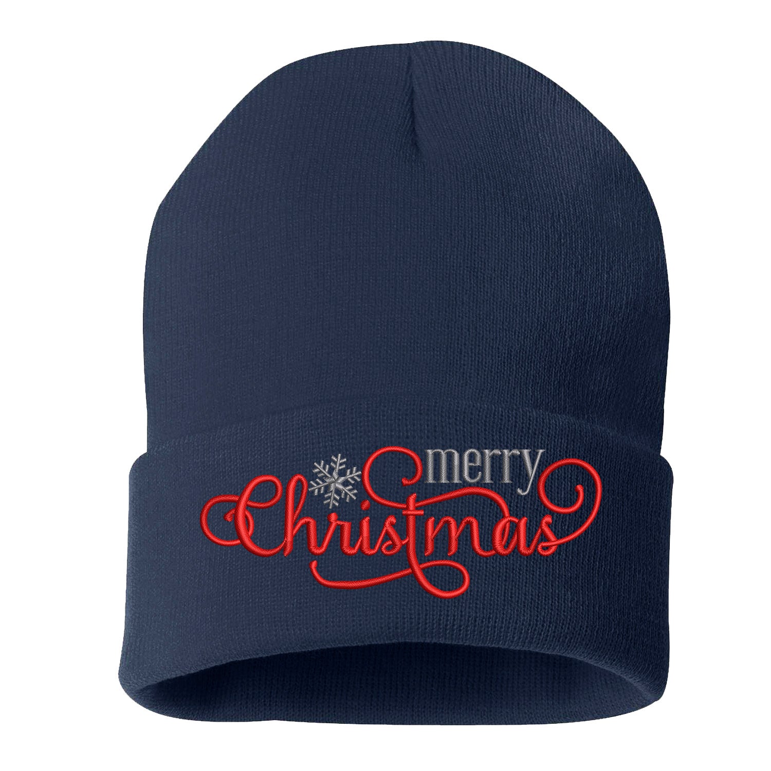 Navy Blue Merry Christmas Snowflakes Embroidered Beanie Cap featuring festive embroidered snowflakes and warm winter knit design – DSY Lifestyle