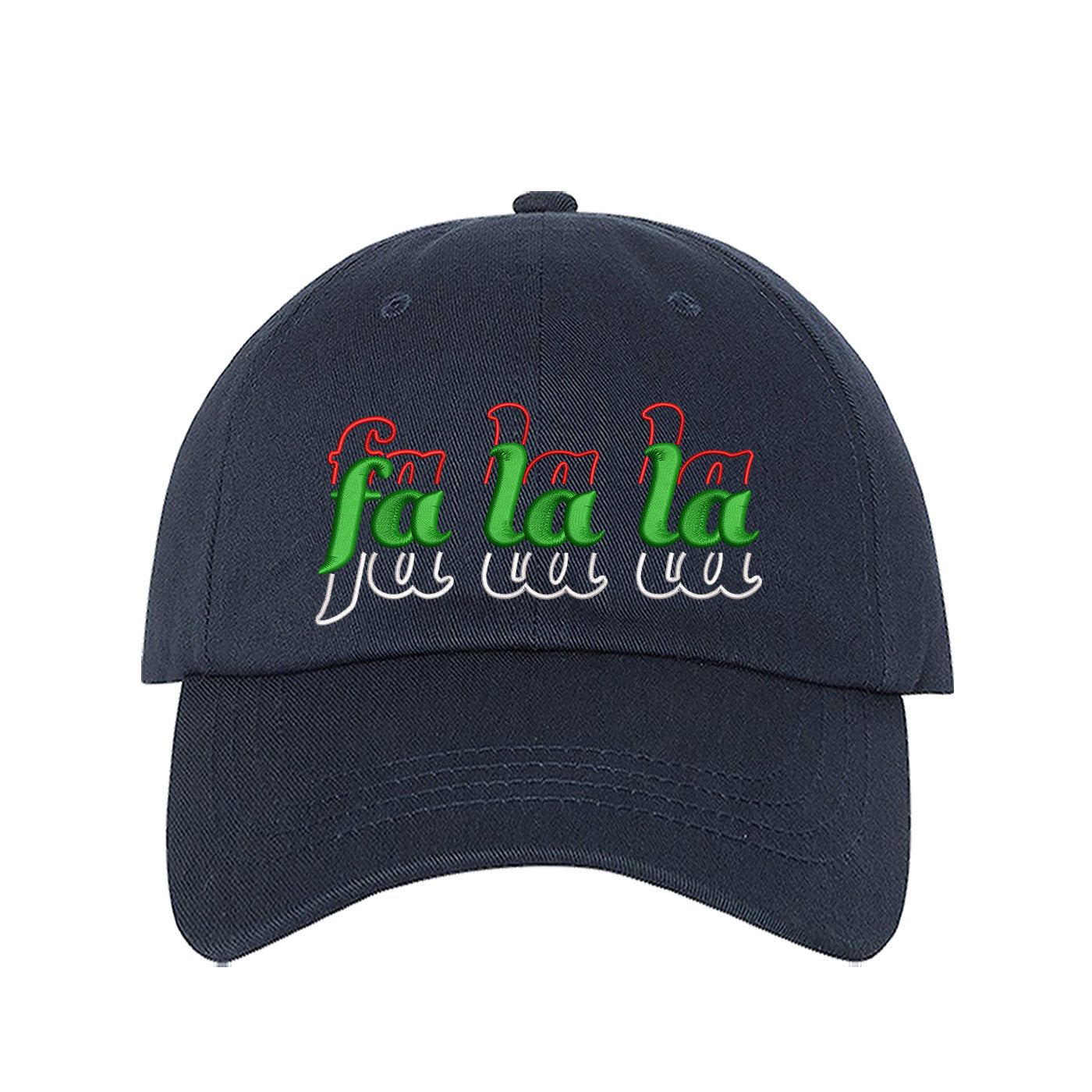 Navy Blue Fa La La Christmas Stacked Embroidered Baseball Hat with festive embroidery and adjustable fit, perfect for holiday style and Christmas cheer – DSY Lifestyle.