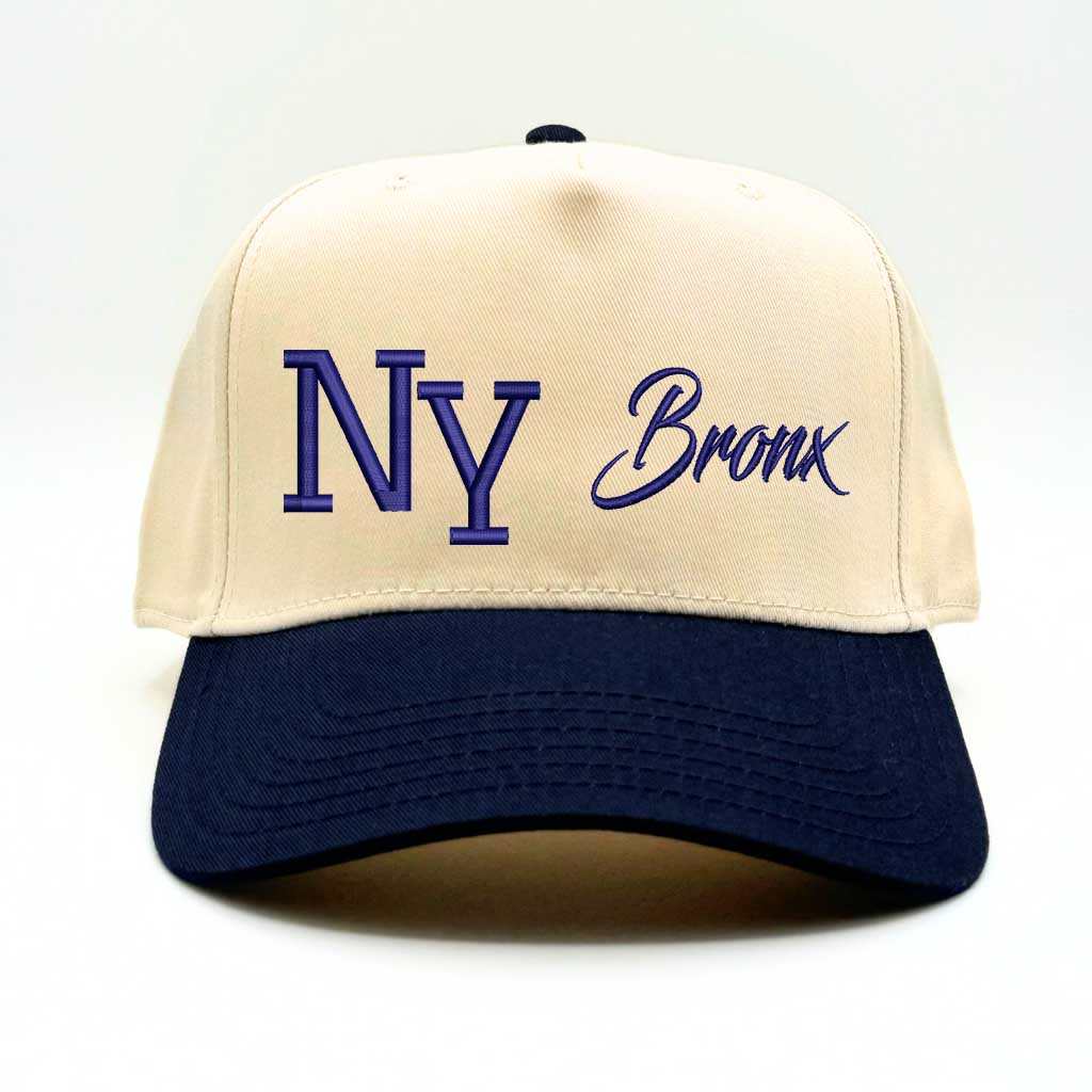Natural/Navy Blue NY 3D Bronx 5-Panel Two-Tone Embroidered Baseball Cap with bold streetwear design - DSY Lifestyle