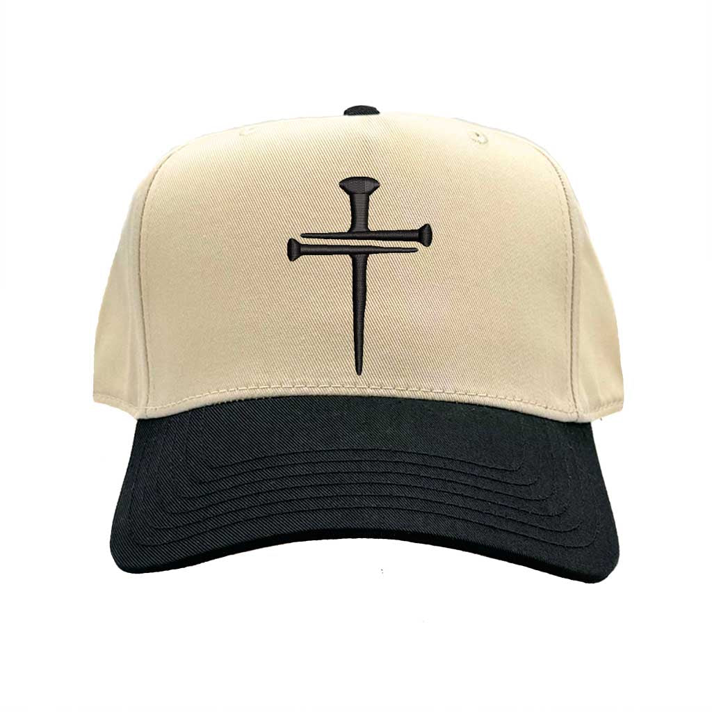 Natural Black Nail Cross 3D Puff Two-Tone Baseball Hat featuring a raised nail cross on a structured natural crown with a contrasting visor; a premium faith statement by DSY Lifestyle.