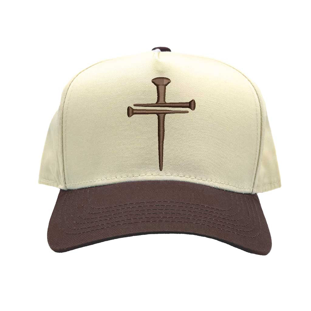Natural Brown Nail Cross 3D Puff Two-Tone Baseball Hat featuring a raised nail cross on a structured natural crown with a contrasting visor; a premium faith statement by DSY Lifestyle.