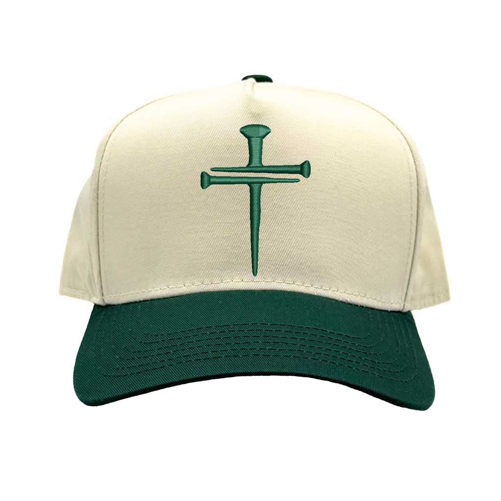 Natural Forest Green Nail Cross 3D Puff Two-Tone Baseball Hat featuring a raised nail cross on a structured natural crown with a contrasting visor; a premium faith statement by DSY Lifestyle.
