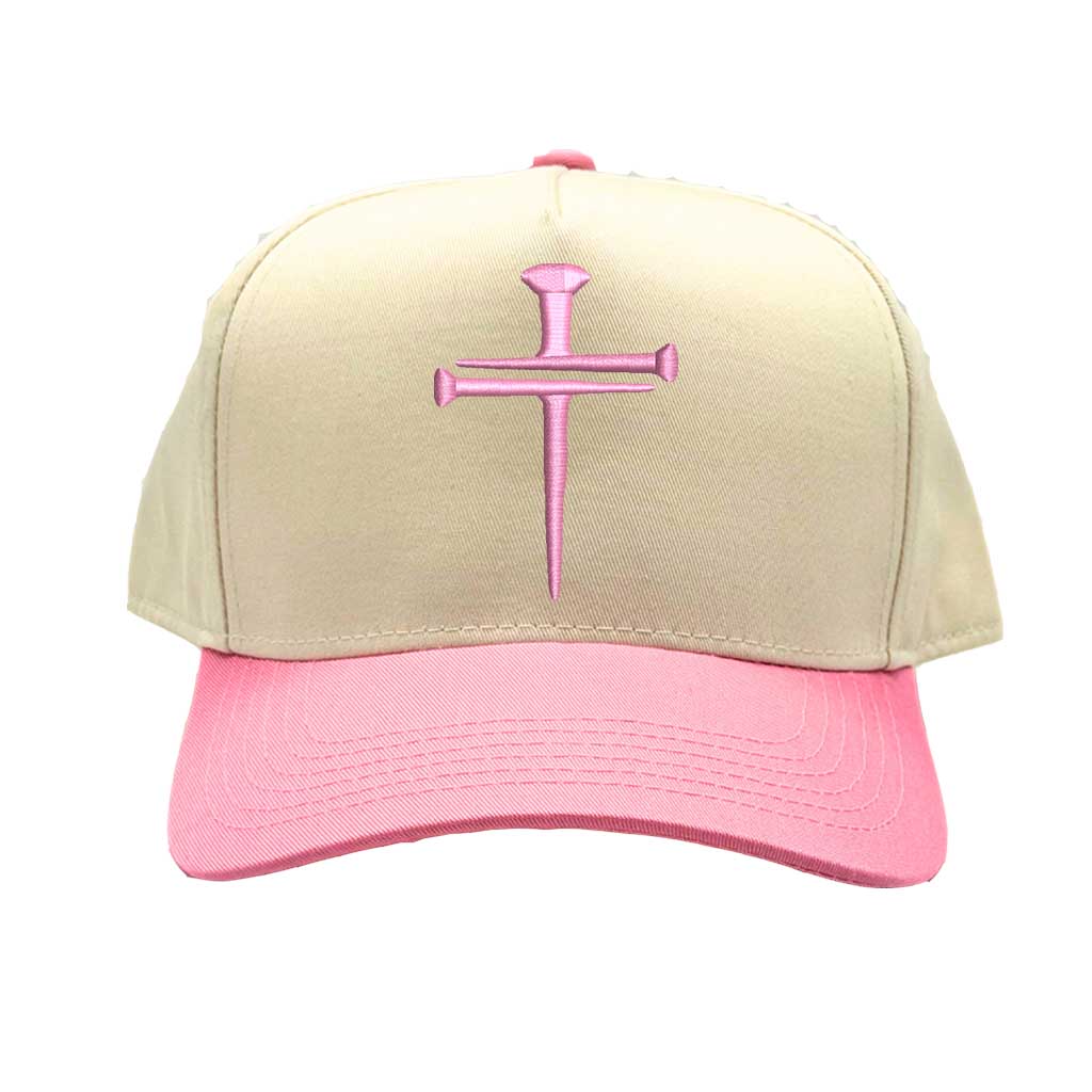 Natural Light Pink Nail Cross 3D Puff Two-Tone Baseball Hat featuring a raised nail cross on a structured natural crown with a contrasting visor; a premium faith statement by DSY Lifestyle.