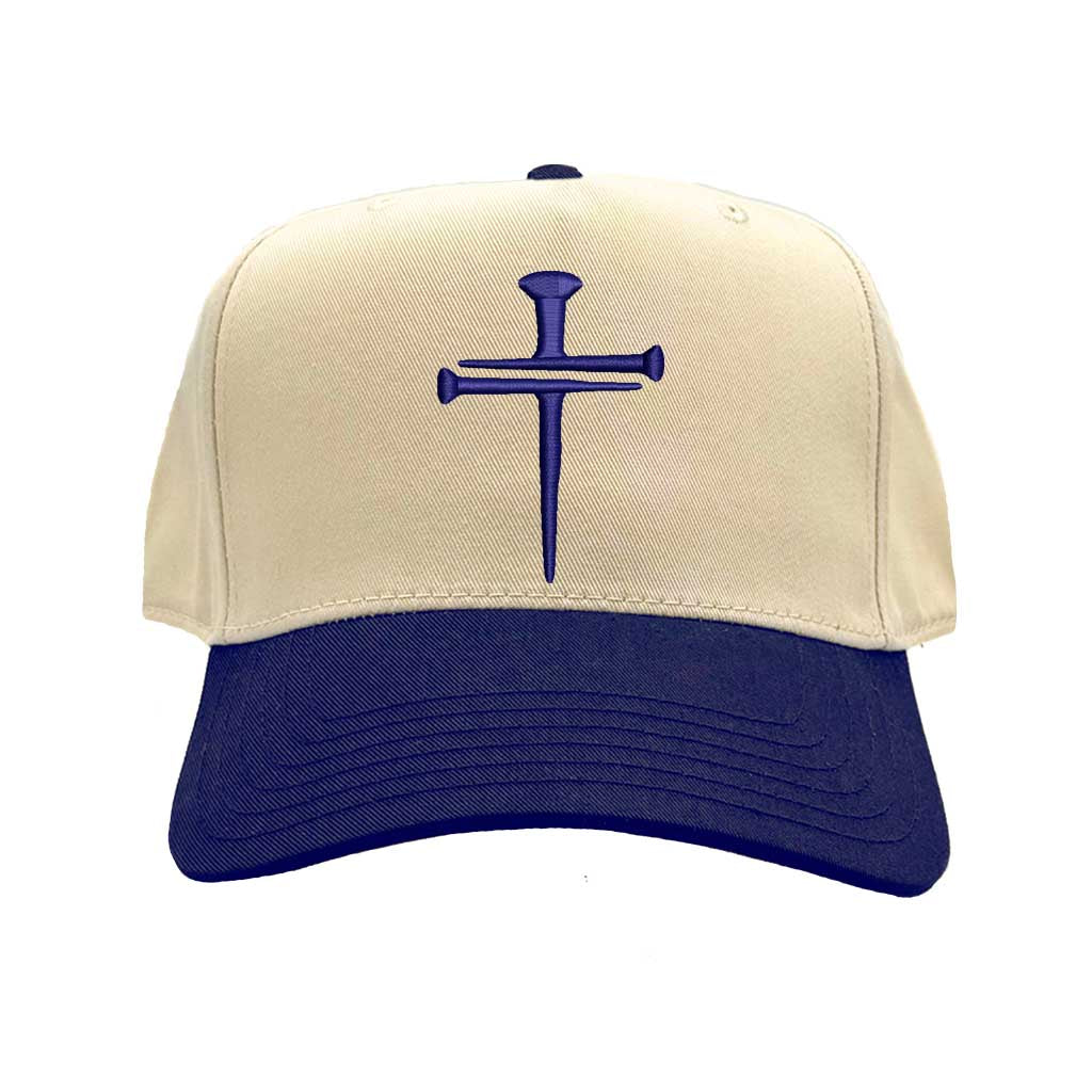Natural Navy Blue Nail Cross 3D Puff Two-Tone Baseball Hat featuring a raised nail cross on a structured natural crown with a contrasting visor; a premium faith statement by DSY Lifestyle.